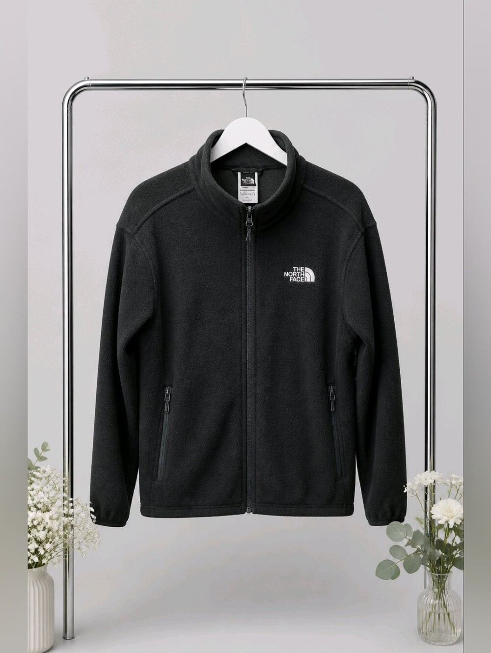 The North Face Men's Black Full-Zip Fleece Jacket with White Logo Sz Large